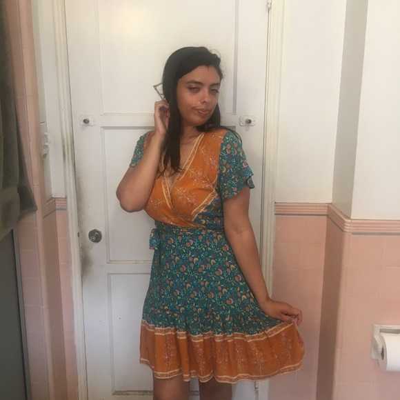 Boho Teal & Orange Wrap Dress - Picture 14 of 17
